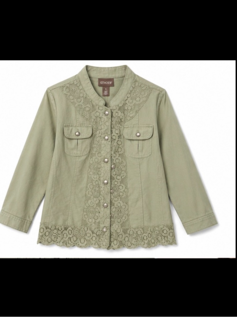 Chicos Button Up Jacket Sz 1 Sage Green Lace Trim Patch Pocket Cotton Linen